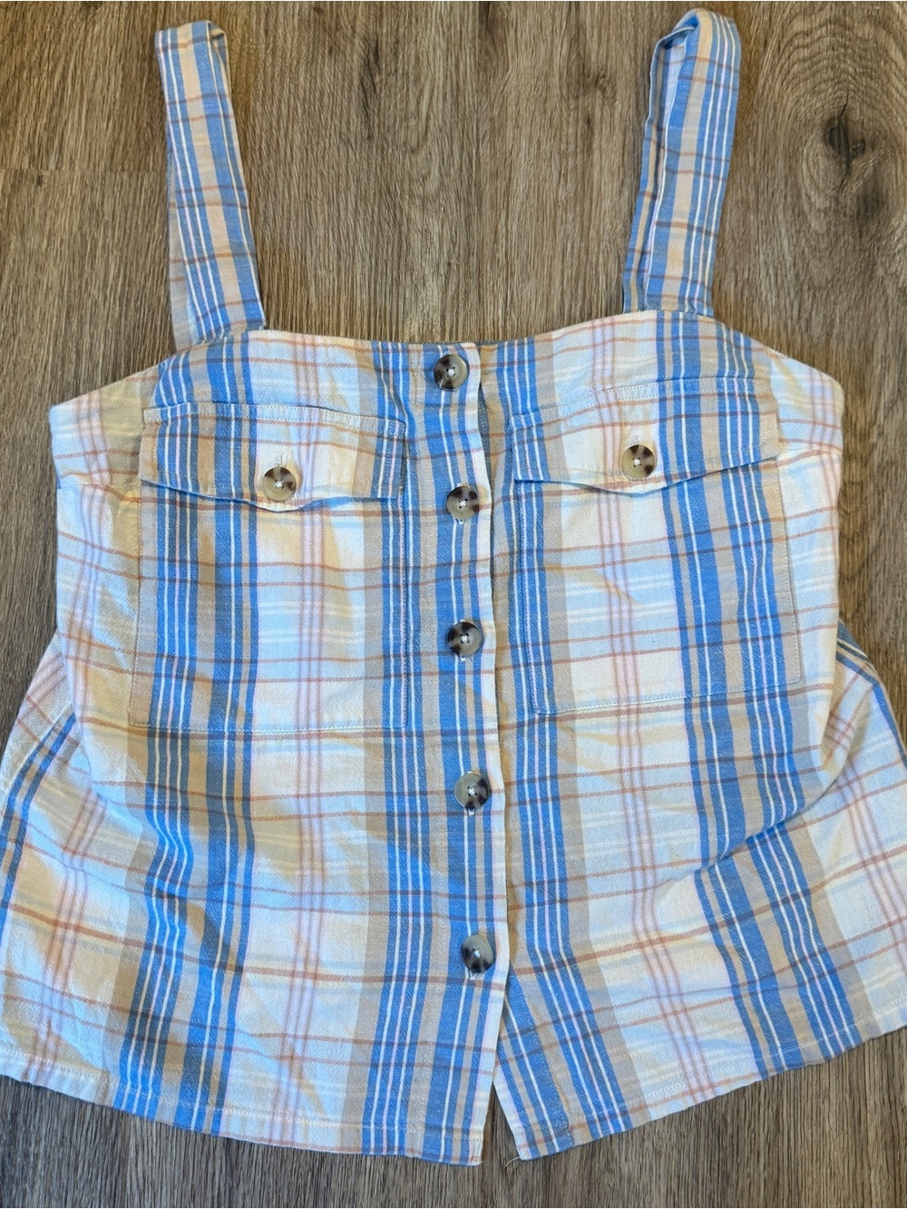 Sezane Blue and Cream Plaid Button-Front Tank Top